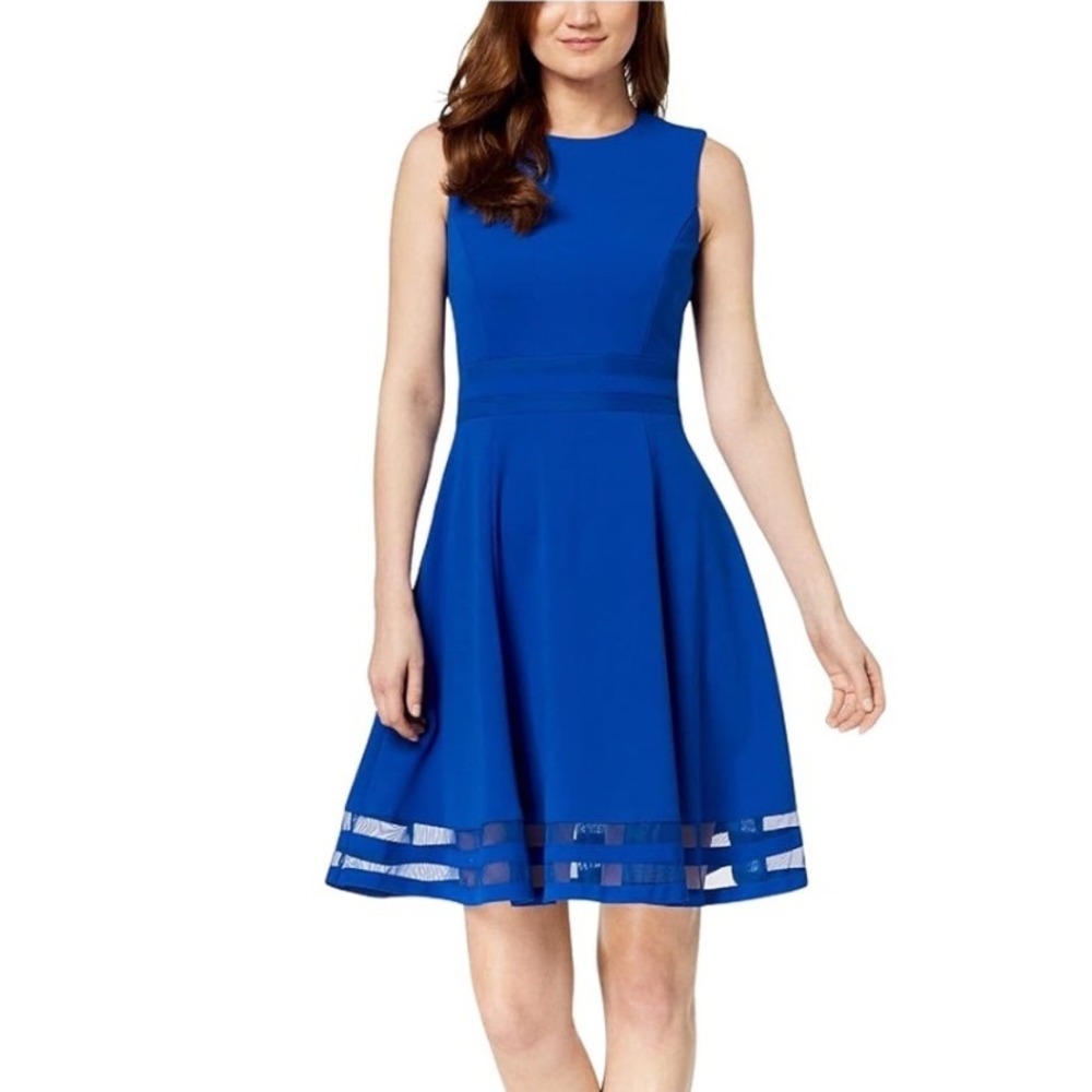 Calvin Klein Fit and Flare Mesh Trim‎ Scuba Dress Royal Blue Womens 2
